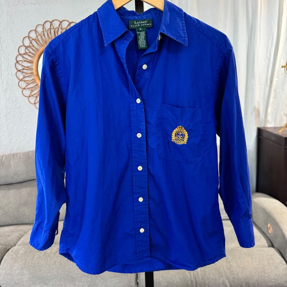 VTG Ralph Lauren Button Down Shirt 6 Blue Crest Logo Long Nautical Yacht Club